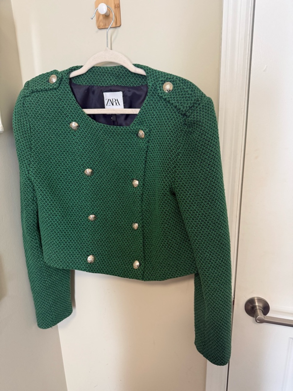 Zara Women's Emerald Green Cropped Double-Breasted Jacket